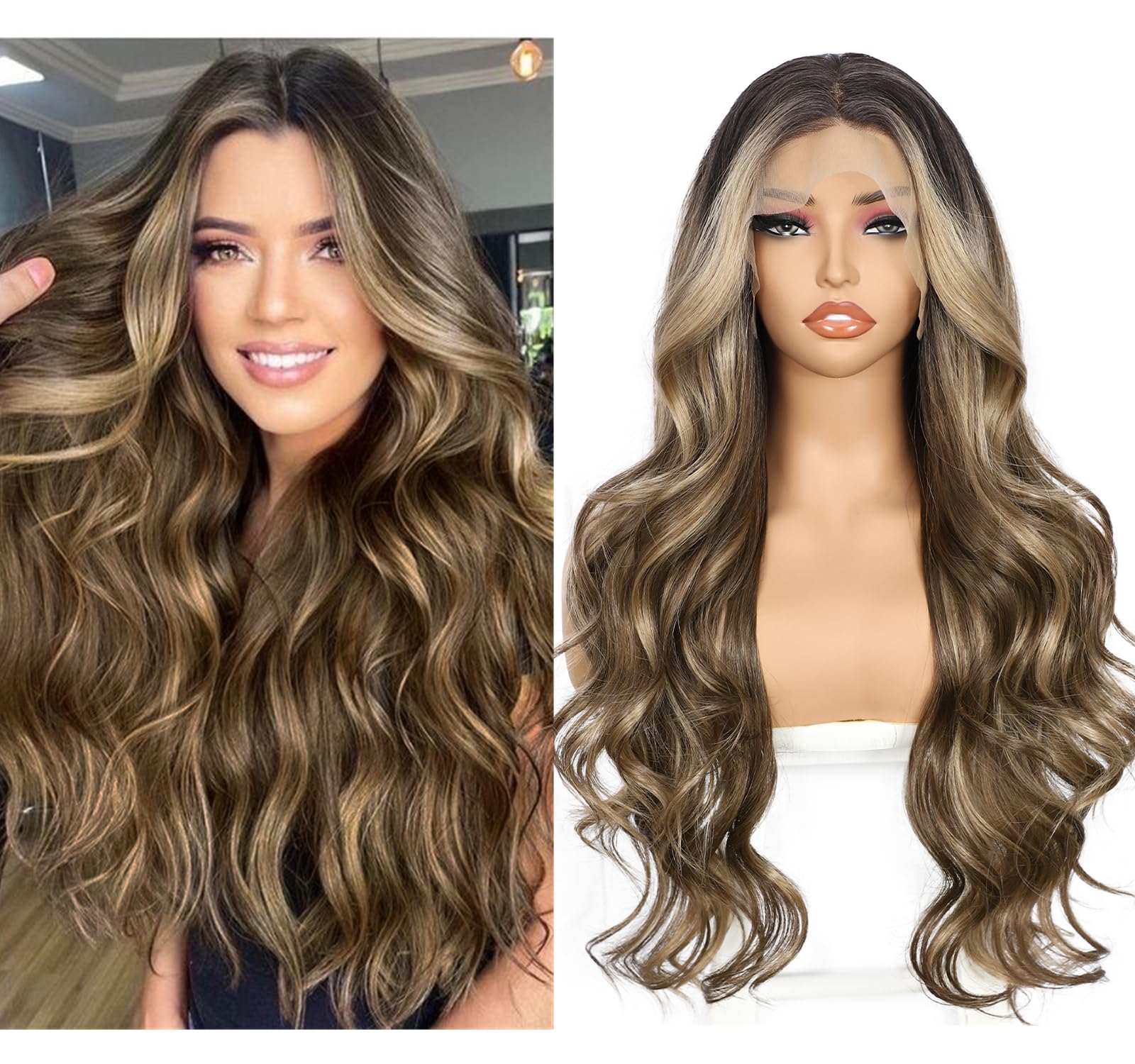 Sapphirewigs Brown 13x4 Synthetic Lace Front Wig Body Wave Dark Roots Brown Balayage Synthetic Lace Front Wigs Party Date Daily Wear Christmas Natural Looking 26 inch — image 1