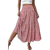 TuoGo Women's Smocked High Waist Maxi Skirt Casual Boho Long Skirts with Pockets