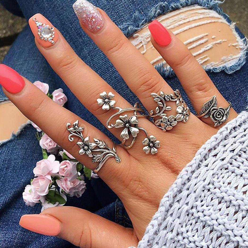 Hotstype 4 Pcs Vintage Style Carved Rose Flower Leaf Ring Set Rings