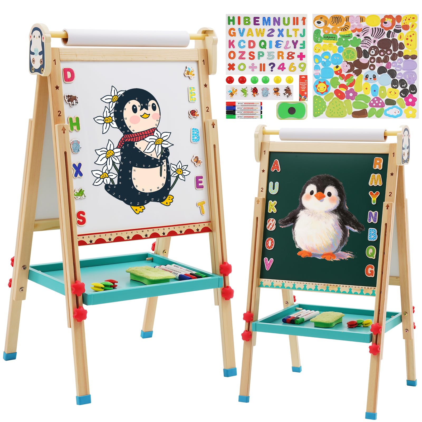 Kids Easel with Paper Roll Double-Sided Whiteboard & Blackboard Adjustable Standing Wooden Art Easel with Numbers and Other Accessories Gift for Toddlers Boys Girls(Penguin)