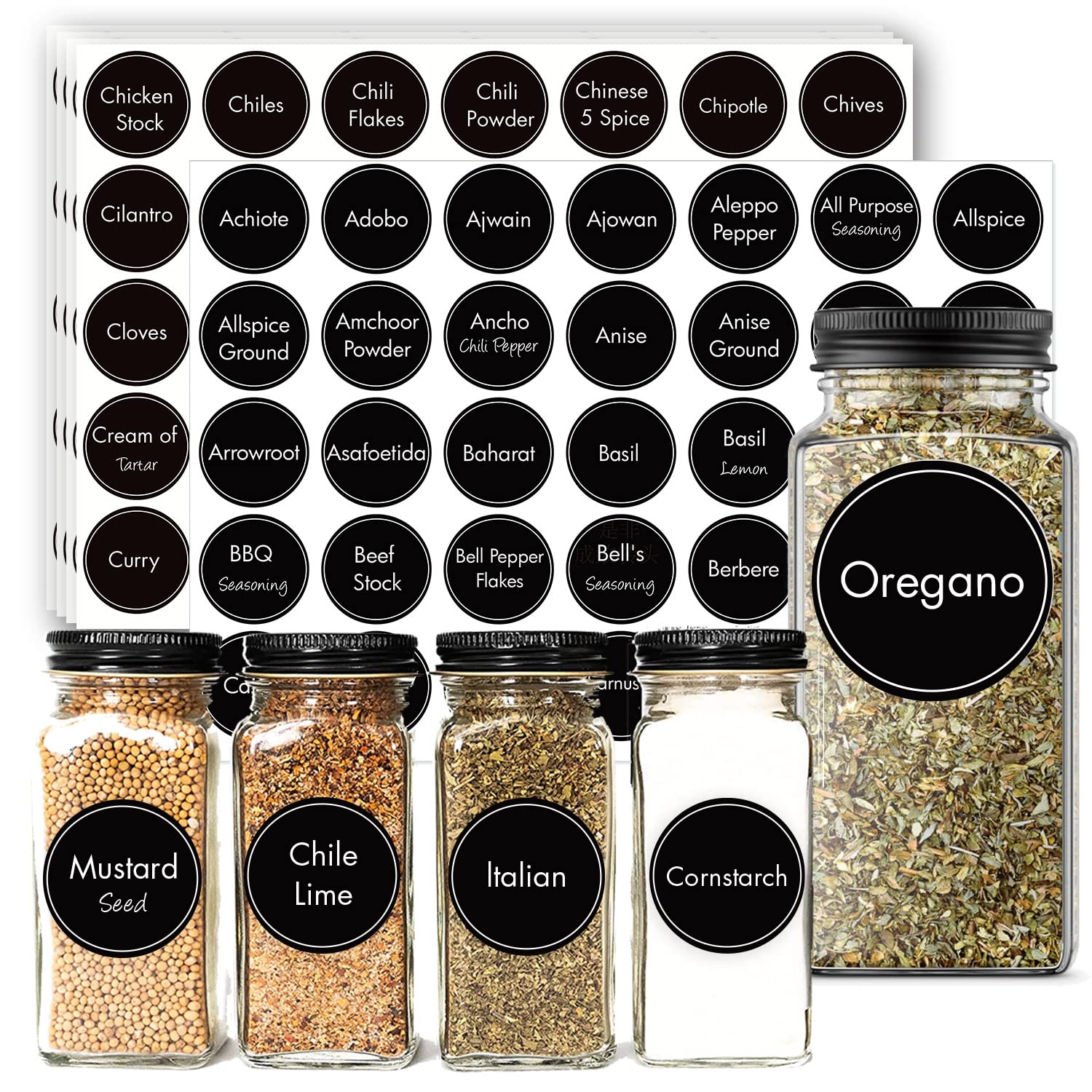 160 Round Herb and Spice Labels for jars, Prefdo Waterproof Printed Seasoning Label Stickers Heavyweight Vinyl Chalkboard for Pantry Spice Organization（Black）
