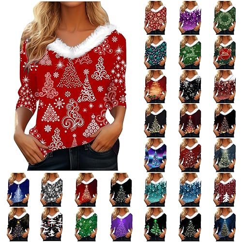 Christmas Jumpers for Women 2025 Womens Christmas Holiday Shirts Tops Long Sleeve V Neck T Shirt Xmas Tree Snowflakes Graphic Top Loose Blouse Clothes for Indoor Home Party Xmas Gifts