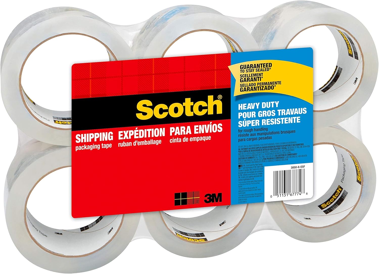 Scotch Heavy Duty Shipping Packaging Tape, 1.88" x 54.6 Yards, 3" Core, Clear, Great for Packing, Shipping & Moving, 6 Rolls (3850-6) : Packing Tape : Office Products