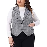 Agnes Orinda Plus Size Checkered Vest Lined Waistcoat for Curvy Women Vintage Office Work Plaid Vest Steampunk Jacket