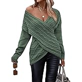WDIRARA Women's Wrap V Neck Criss Cross Long Sleeve Asymmetrical Sweater Cable Knit Tops