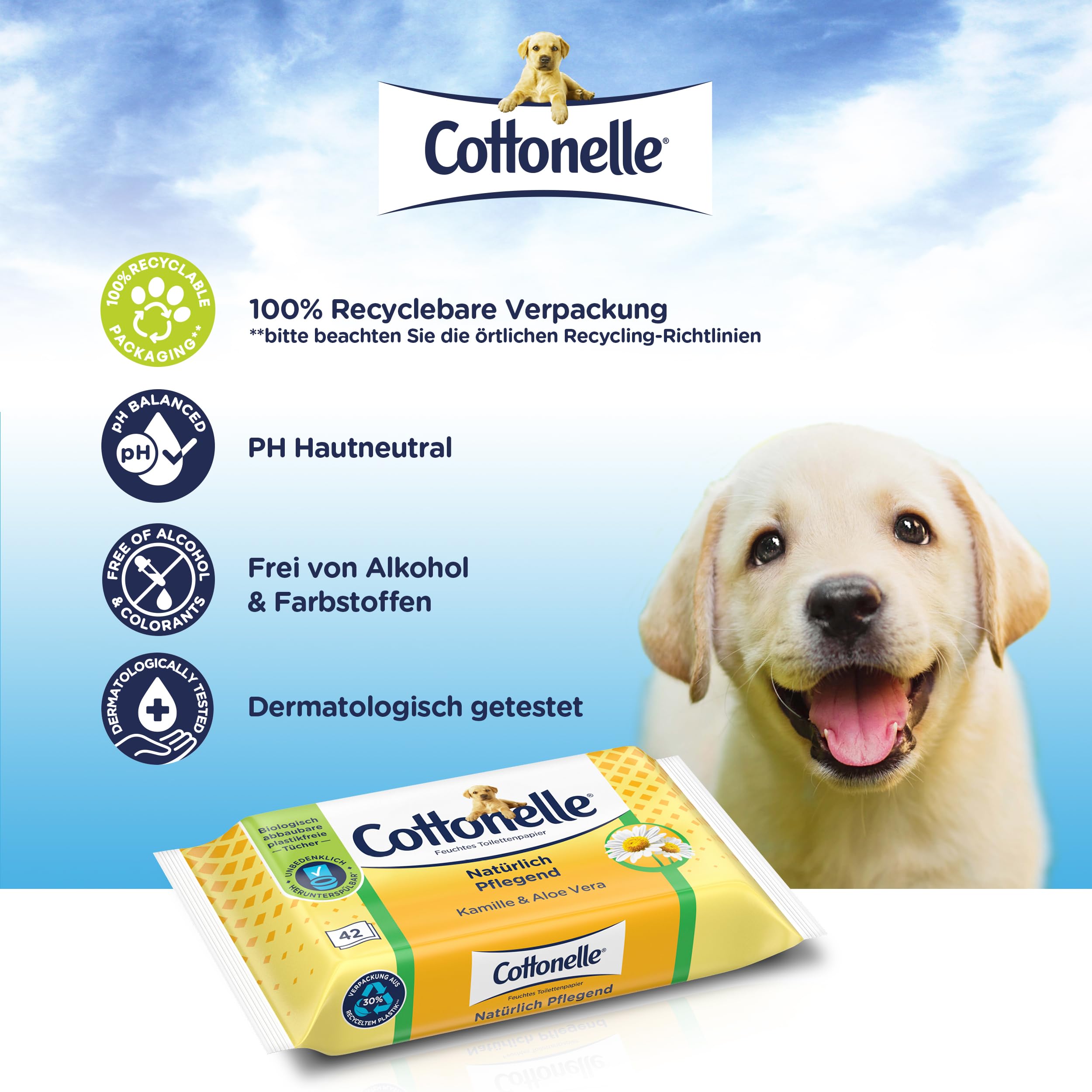 Cottonelle Feuchtes Toilettenpapier, Natürlich Pflegend - Kamille & Aloe Vera, Biologisch Abbaubar, Plastikfrei, Wiederverschließbar, Vorteilspack, 12 x 42 Feuchttücher 8