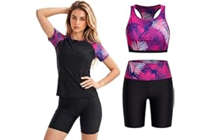 Owntop Women’s Rash Guard Swimsuit 3 Piece Set, Short Sleeve Swim Shirt with Built-in Bra, Swim Top & Shorts, Sun Protection
