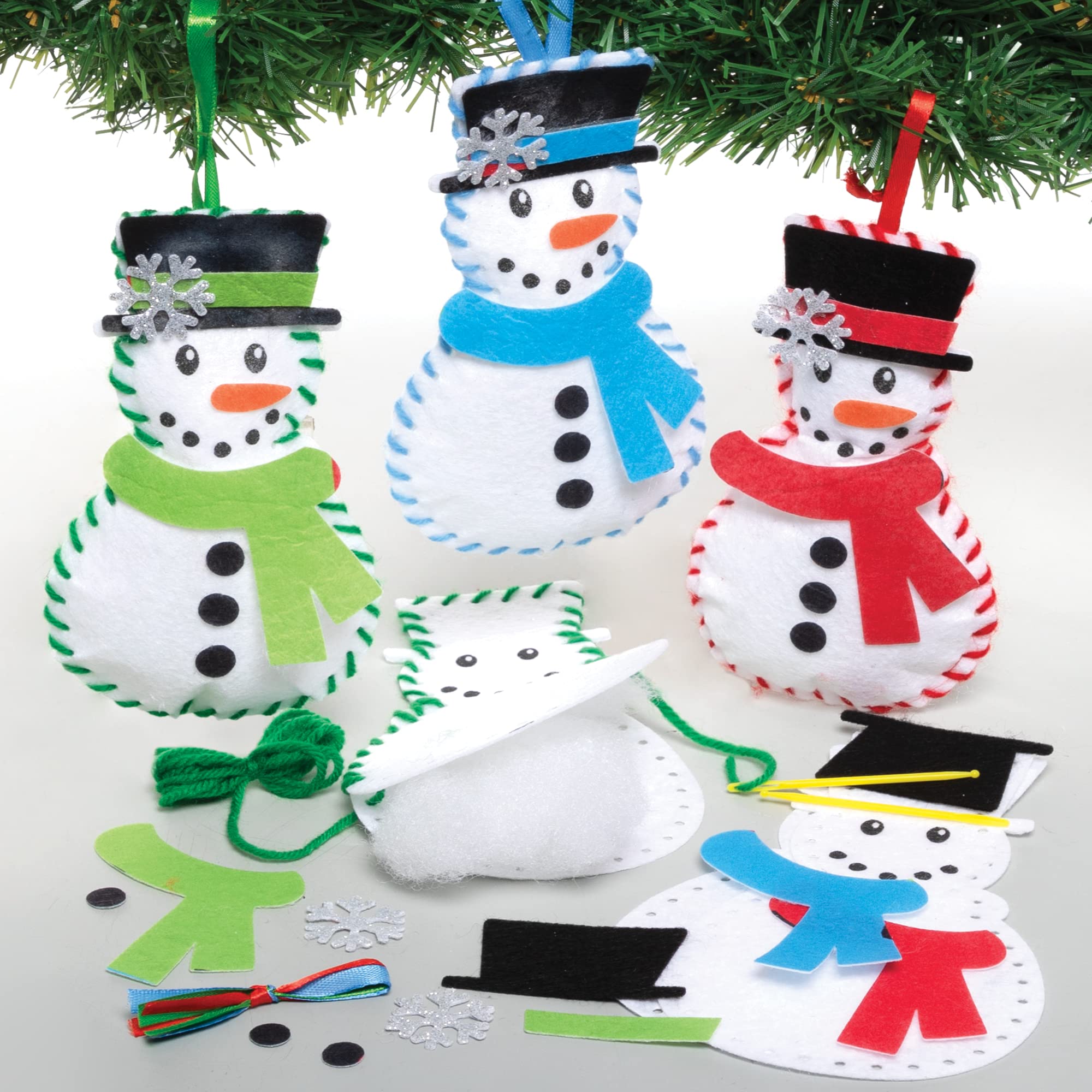 Baker Ross FE949 Snowman Decoration Sewing Kits - Pack of 3, Sewing Set for Children, Creative Activities for Kids, Ideal Christmas Arts and Crafts Project, Blue,Green,Red