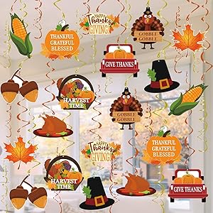 Tifeson Fall Thanksgiving Decorations 34 Pcs Fall Thanksgiving Hanging Swirls Ceiling Decor - Fall Maple Acorns Pumpkin Turkey Autumn Hanging Ceiling Decoration