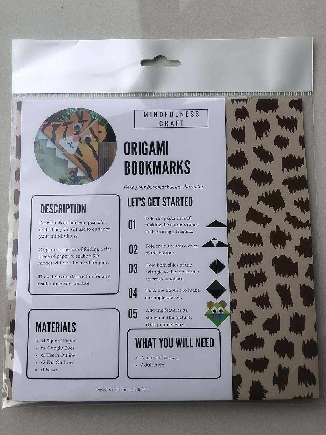 Mindfulness Craft Tiger Animal Print 200gsm Paper Origami Bookmark Kit Party Pack for 10 Gifts Boys and Girls Favours - Image 3