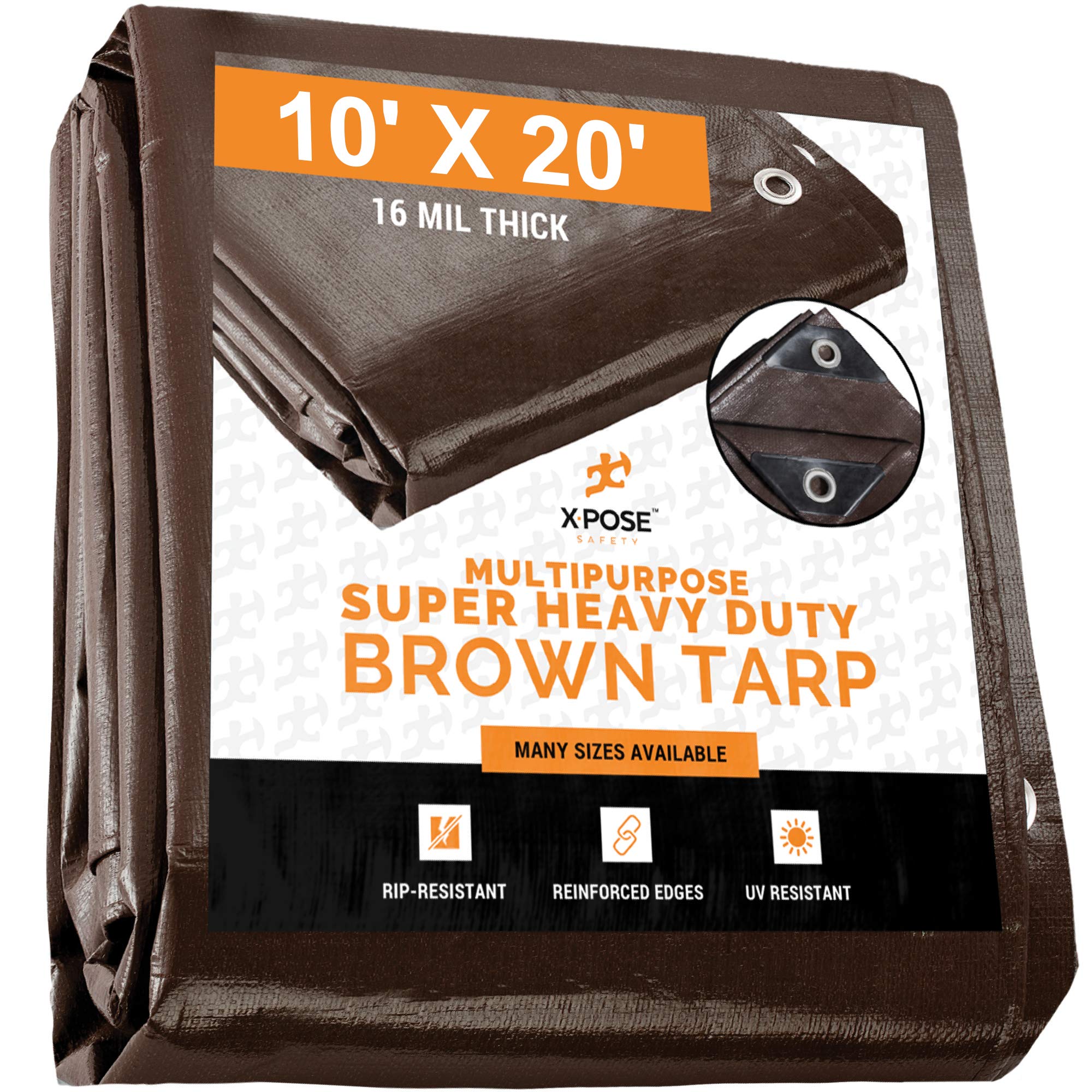 10' x 20' Super Heavy Duty 16 Mil Brown Poly Tarp Cover - Thick Waterproof, UV Resistant, Rot, Rip and Tear Proof Tarpaulin with Grommets and Reinforced Edges - by Xpose Safety