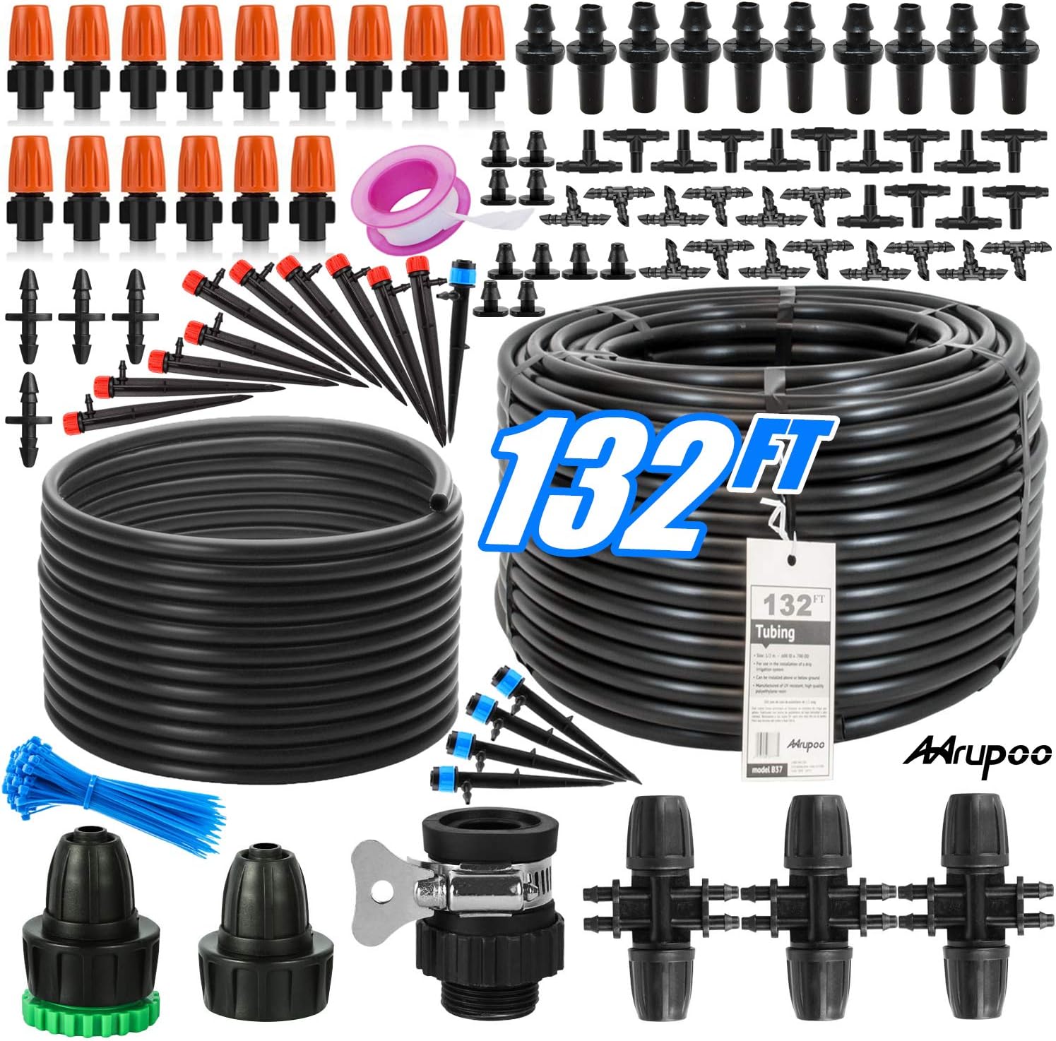 Drip Irrigation Kit, 132ft Irrigation Tubing System with Misting Micro Flow Drippers/Stake Emitter Drippers/Universal Faucet Joint/Water Saving Drip Irrigation Parts for Garden/Greenhouse