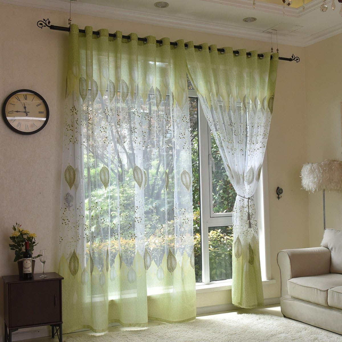 Amazon Com Auswind Green Leaf Grommet Top Sheer Curtain Fabric