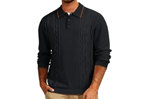 Cotrasen Mens Knit Polo Sweater Long Sleeve Textured Casual Collared Button Sweater Ribbed Lightweight