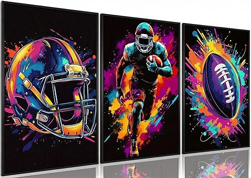 3 Pcs American Football Colorful Wall Art Decor, Rugby Field Stadium Sports Canvas Painting Posters,Graffiti Football Pictures for Boys Room Living Room Bedroom Home Decoration 12*18 in ( Poster No Frame)