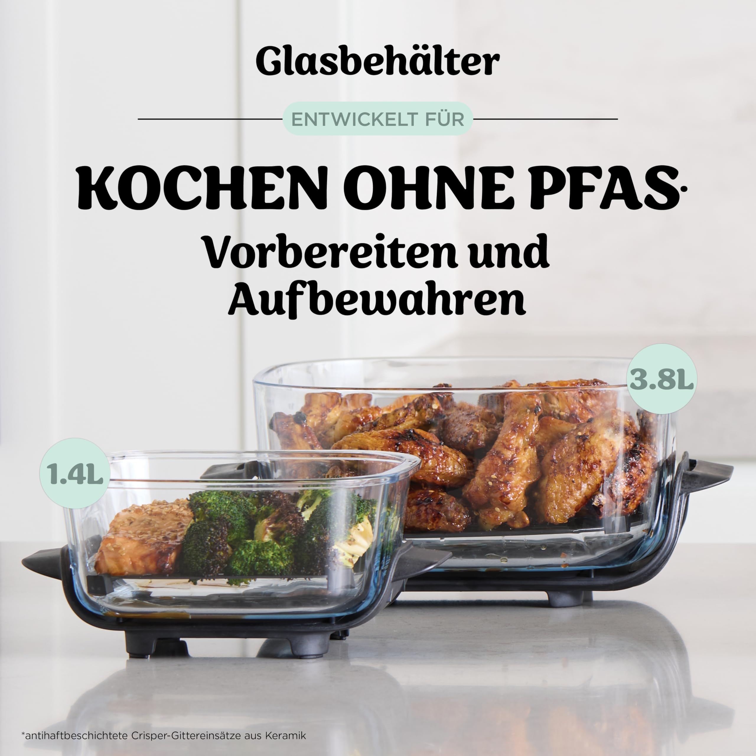 Ninja CRISPi Tragbare Air Fryer Heißluftfritteuse, 3,8 l, 4-in-1: Heißluftfrittieren, Braten, Warmhalten, Recrisp, Kompakt, 6 Portionen, 2 Herausnehmbare Glasbehälter & Deckel, 1700 W, Sage FN101EUSG 4