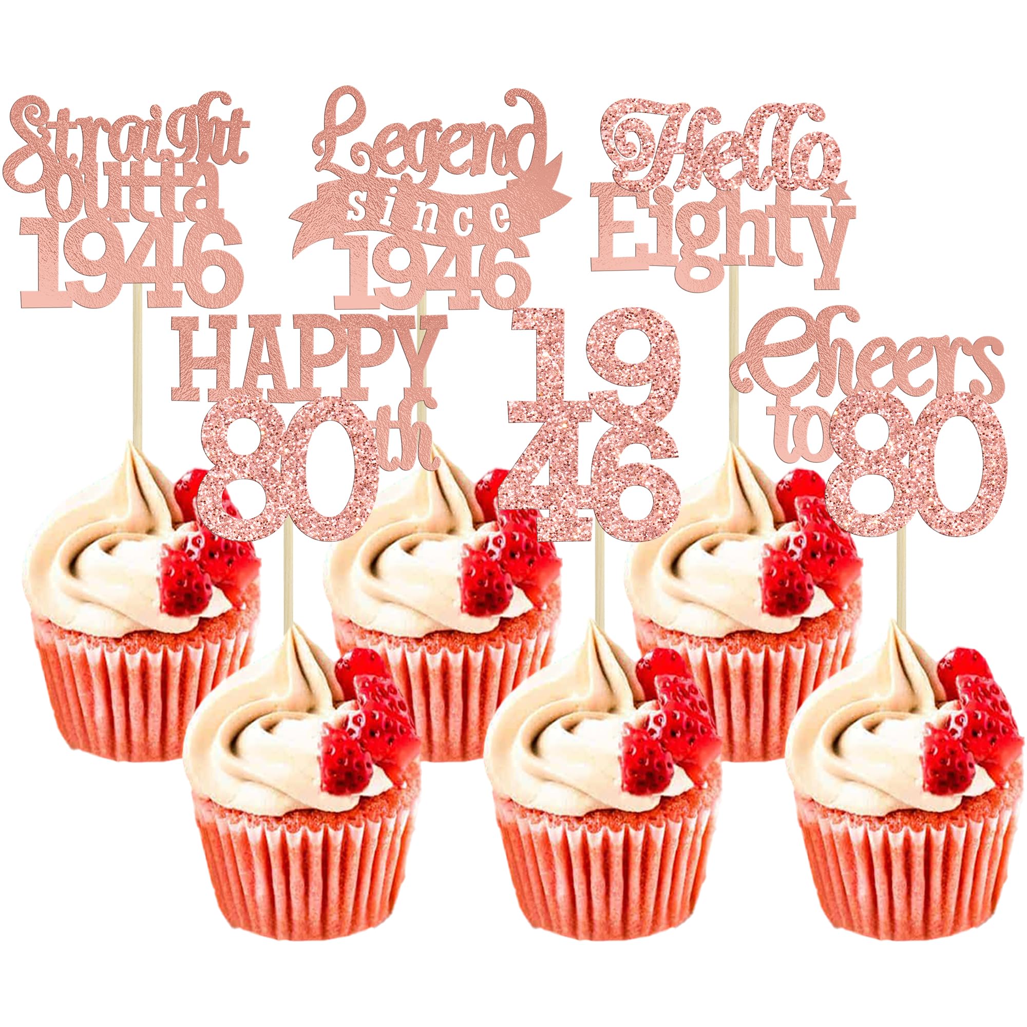 Gyufise 24Pcs Happy 80th Birthday Cupcake Toppers Hello Eighty Legend Since 1946 Cupcake Picks Cheers to 80 Years Cake Decorations for 80th Birthday Anniversary Party Supplies Rose Gold