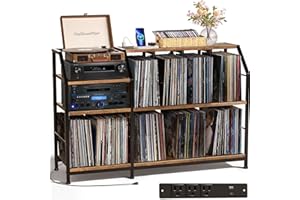 FAESUN Large Record Player Stand with Power Outlets – Record Storage & Turntable Stand with Vinyl Storage Holds 500+ LPs, 3-Tier Record Storage Shelf, Storage Cabinet with Vinyl Records for Living Room