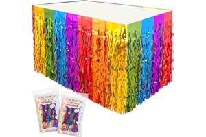 GDZRDFLH 2 Pack Wavy Rainbow Table Skirts, Rainbow Party Decorations, Metallic Tinsel Foil Fringe Table Skirt for Birthday Wedding Party Rainbow Party Supplies