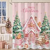 Mocsicka Pink Christmas Gingerbread House Shower Curtain Cute Gingerbread Man Bathroom Shower Curtain Winter Xmas Shower Curtains Bathtub Decor with 12 Hooks 72 X 72 Inch
