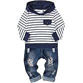 CARETOO Toddler Baby Boy Clothes Long Sleeve Sweatshirt Top Ripped Jeans Pants Set Infant Fall Winter Outfits 1-5T