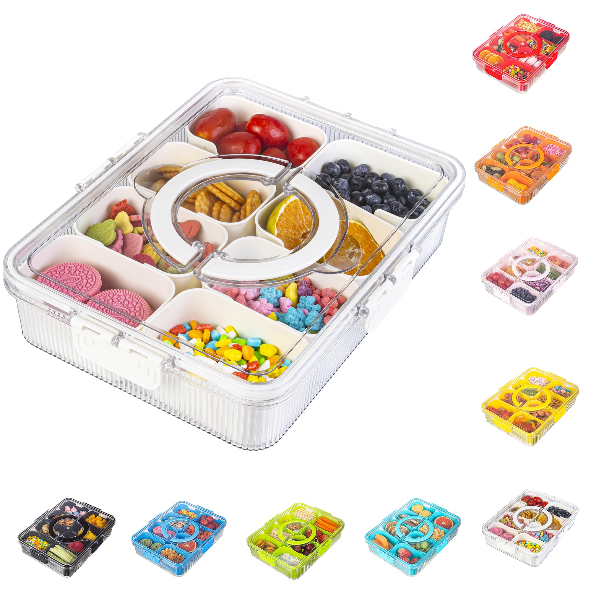 Photo 1 of FEIOOD Patent Design Ribbed Snackle Box Container Snack Container Divided Serving Tray with Lid and Handle, 8 Divider Portable Snacklebox for Travel Beach for Charcuterie Veggie Fruit Candy,1 Pack