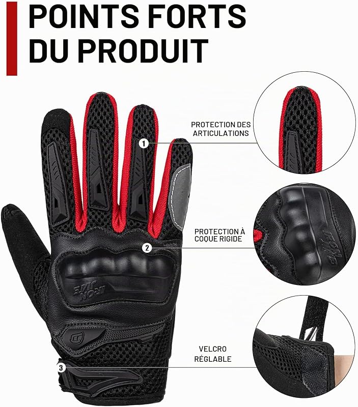 Gants Moto Été, Écran Tactile Gants Moto Homme Respirant Antidérapant Gants Vélo Montagne Course Tout-Terrain Scooter Moto Rouge-M