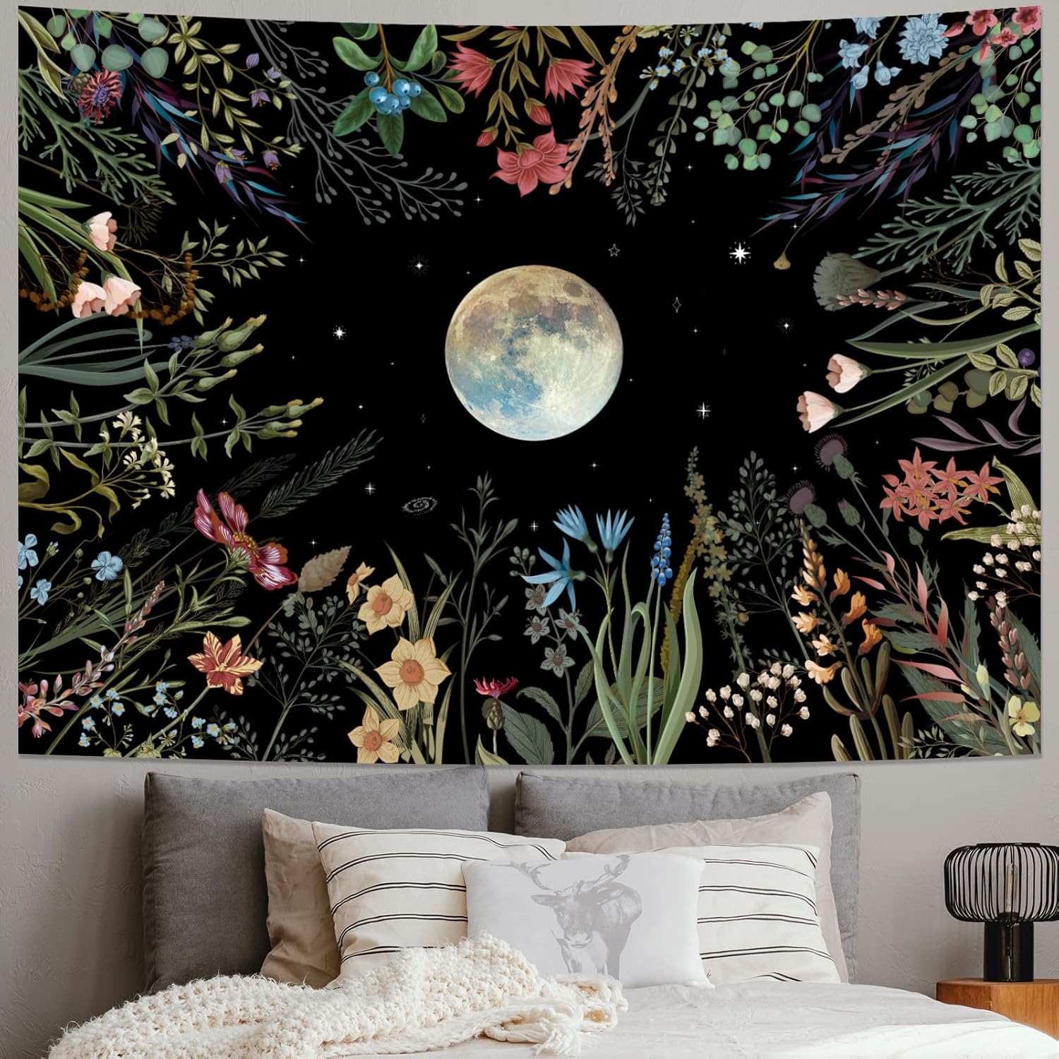Tapestries - Amhokhui Moonlit Garden Tapestry Moon Tapestry Flower Tapestry Colorful Plants Tapestry Black Tapestry Wall Hanging Decor for Room