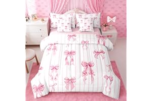 Erosebridal Pink Ribbon Bowknot Bed in A Bag with Sheets for Girls Kids Teens Women Princess Satin Bow Twin Comforter Set 7 P
