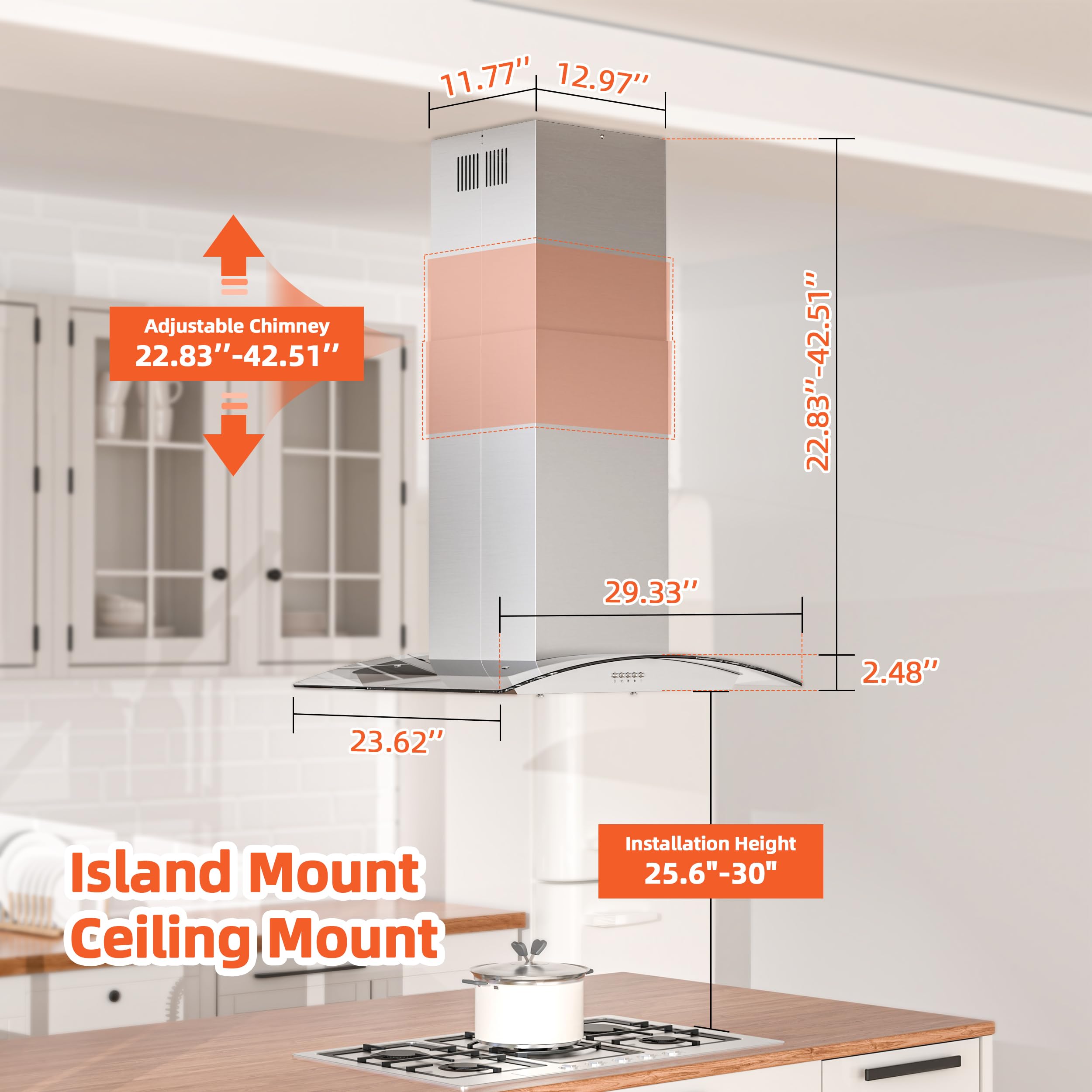FIREGAS Island Range Hood 30 inch with 700 CFM, Ceiling Mount Kitchen Vent Hood Ducted/Ductless Convertible, Stainless steel stove hood with 3 speed fan, 4 lights, Tempered Glasss, Charcoal Filters