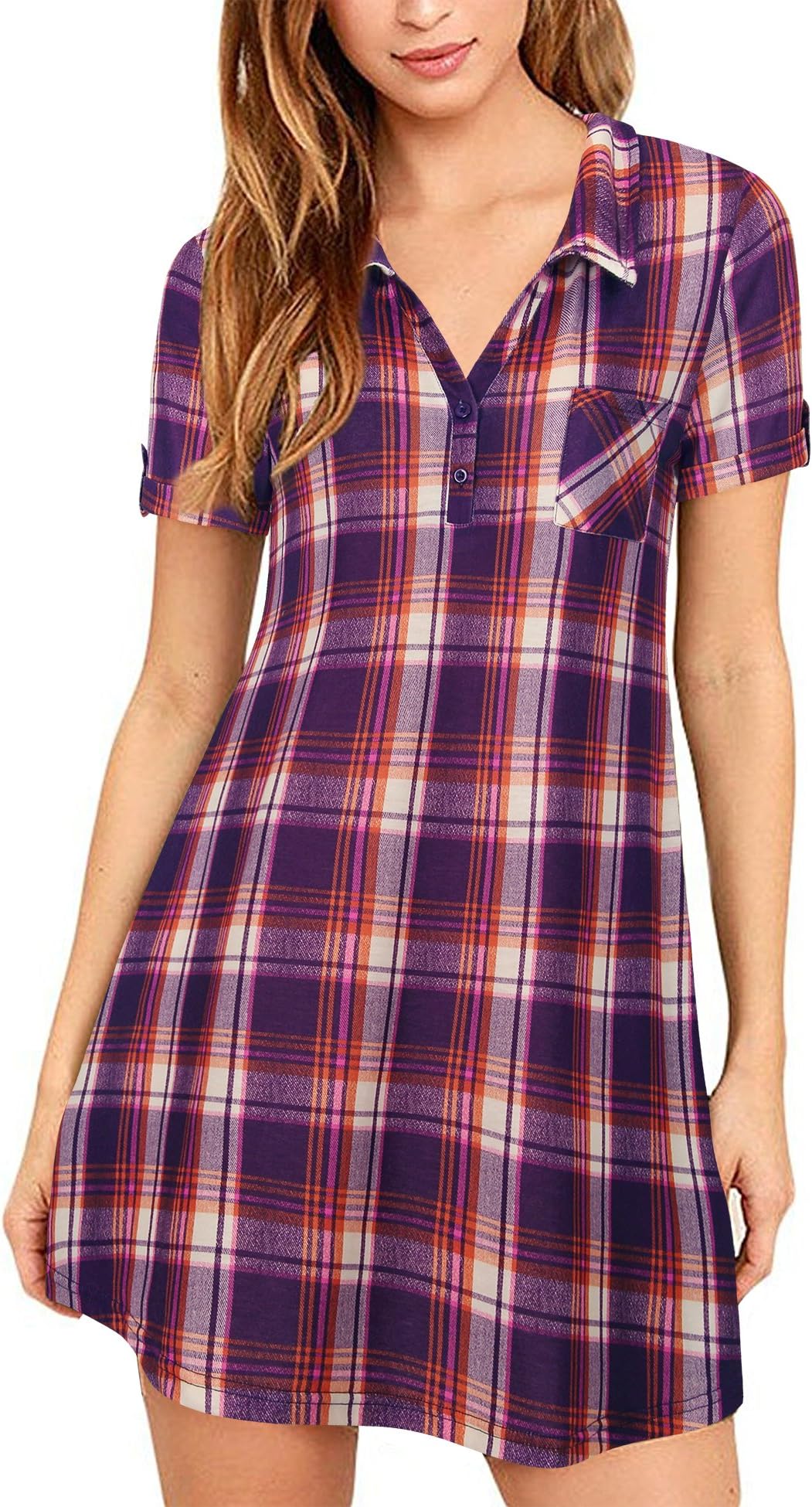 Youtalia Women's Short Sleeve Tunic Tops V Neck Plaid Tshirt Blouse