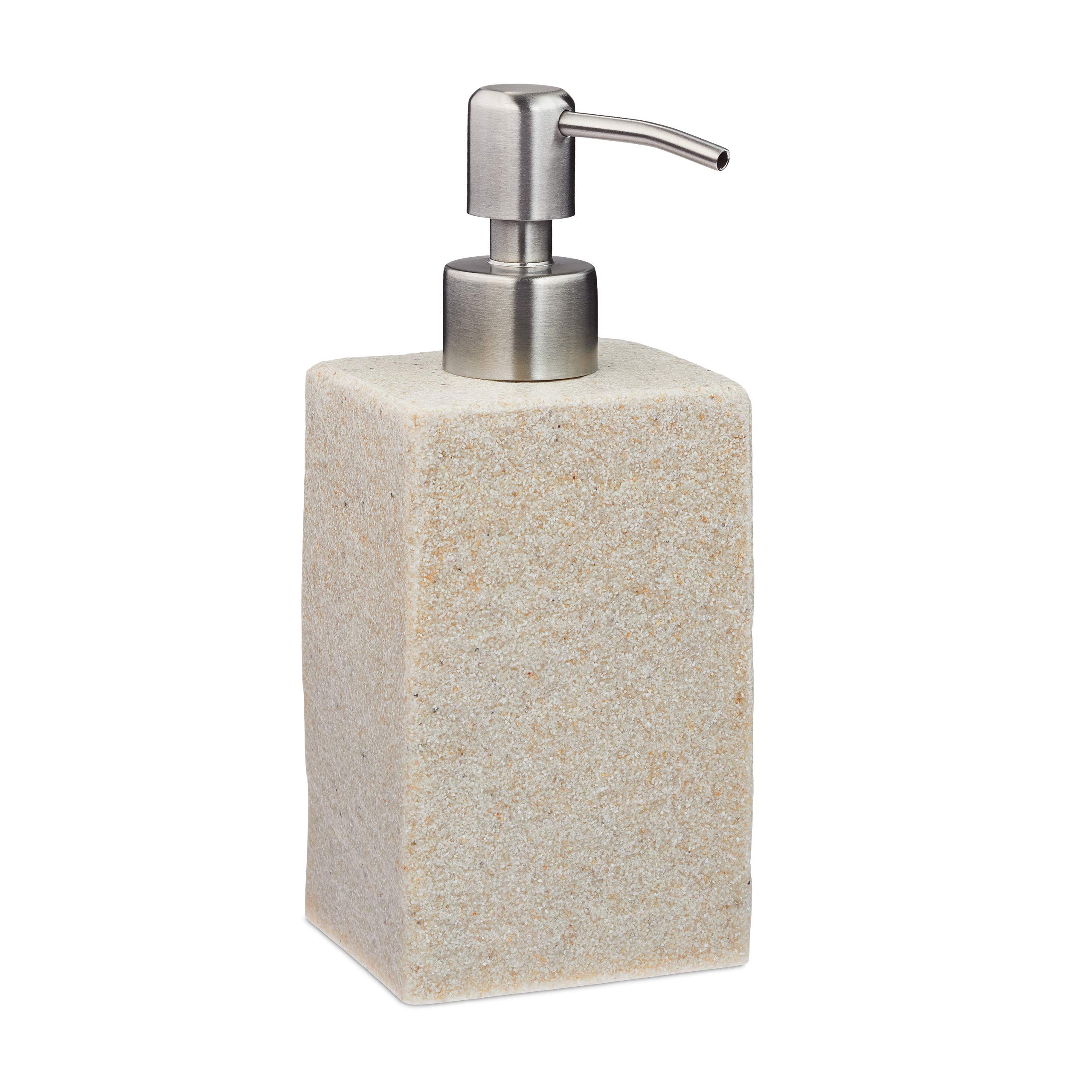 Relaxdays Soap Dispenser, 200 ml, Refillable, Bathroom, for Liquids & Lotions, Polyresin, Stainless Steel Pump, Beige