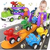 usrela Dinosaur Truck Toys for 2+ 3 Year Old Boys Gifts, 5 in 1 Dinosaur Carrier Truck Toys for Age 2 3 4, Dinosaur Toys for Kids 2-4 with 4 Pull Back Cars, Birthday Gifts for 2+ Year Old Boy