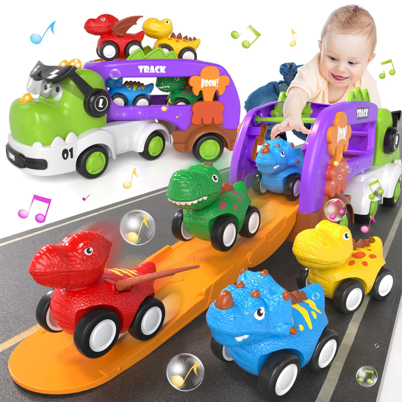 usrela Dinosaur Truck Toys for 2 3 4 Year Old Boys Gifts, 5 in 1 Dinosaur Cars Toys for Kids 2-4 with 4 Pull Back Cars, Toddler Toy for Age 1-3, Birthday Gifts for 2+ 3+ Year Old Boy — image 1