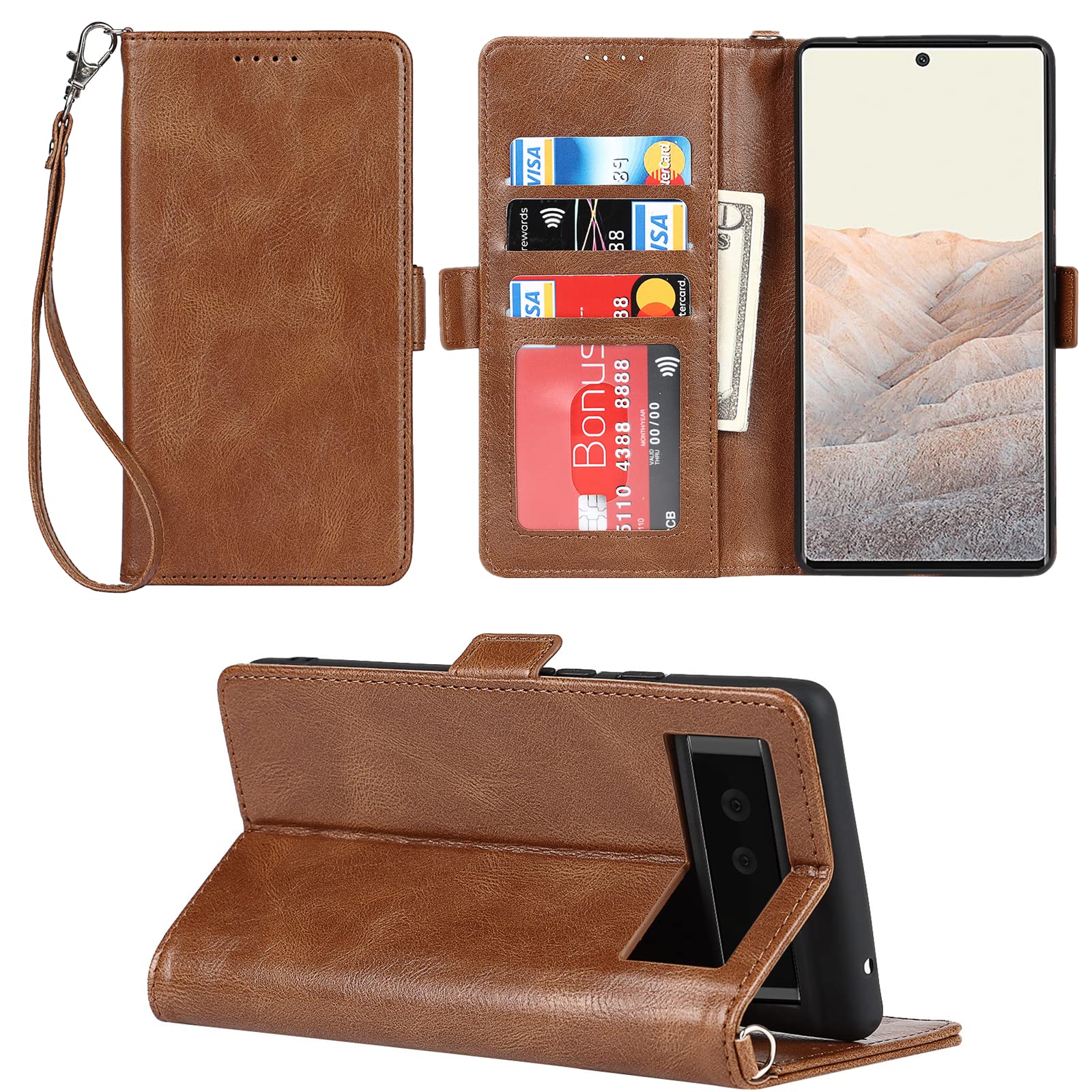 Photo 1 of ?????? for Google Pixel 6 Pro Case Wallet with Card Holder,for Pixel 6 Pro 5G Phone Case for Women,Flip Cover with Credit Card Slots,PU Leather with Wristband Lanyard-Brown