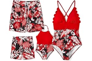 PATPAT Mommy and Me Matching Swimsuit：One Piece V Neck Bathing Suits Leaves Printed Family Swimwear Matching Set