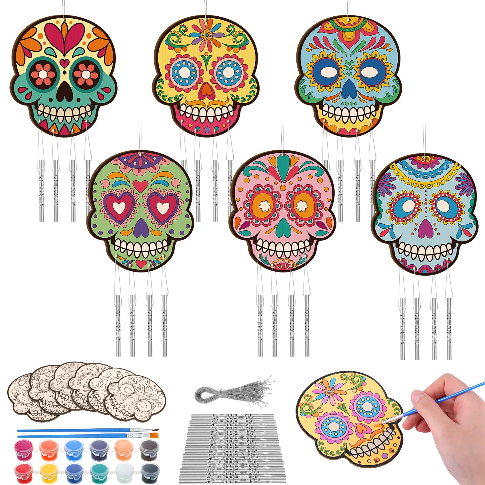 Silipull 24 Sets Day of The Dead Wind Chimes Crafts for Kids Wooden Sugar Skull Mask Crafts Dia De Los Muertos Wind Chimes Ornament for Kids Mexican Fiesta Home Halloween Party Supplies
