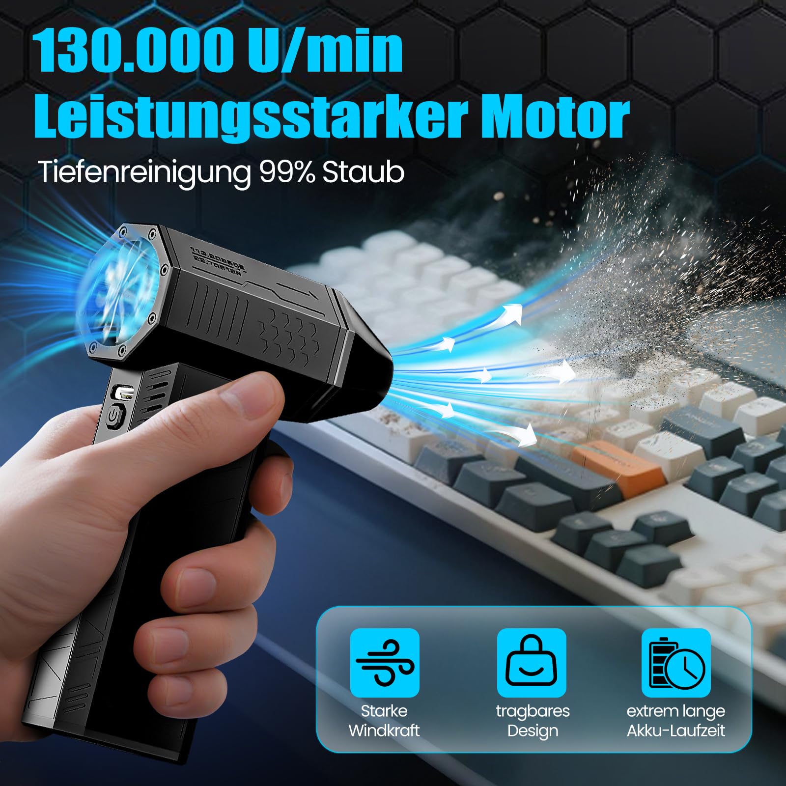 Electric Air Duster,130000RPM Elektrische Staubgebläse Druckluftspray, 3-Gang Mini-Elektrische Staubgebläse, Super Power Turbo Gebläse für Computer, Tastatur, Haus, Outdoor und Auto 2