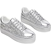 AISFAES Women Glitter Platform Sneakers Sparkly Lace-Up Chunky Sneakers Fashion Low-Top Tennis Shoes Comfortable Metallic Sequin Walking Shoes