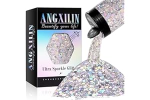 ANGXILIN Holographic Chunky & Fine Mixed Glitter, 190g/6.7oz - Laser Silver for Face, Body & Nail Art, Epoxy Resin Tumbler & Jewelry Making