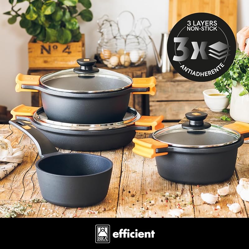 Bra efficient - bateria de alumínio fundido antiaderente de 4 peças, adequada para todos os tipos de fogões, incluindo indução, cor preta [exclusivo da amazon]