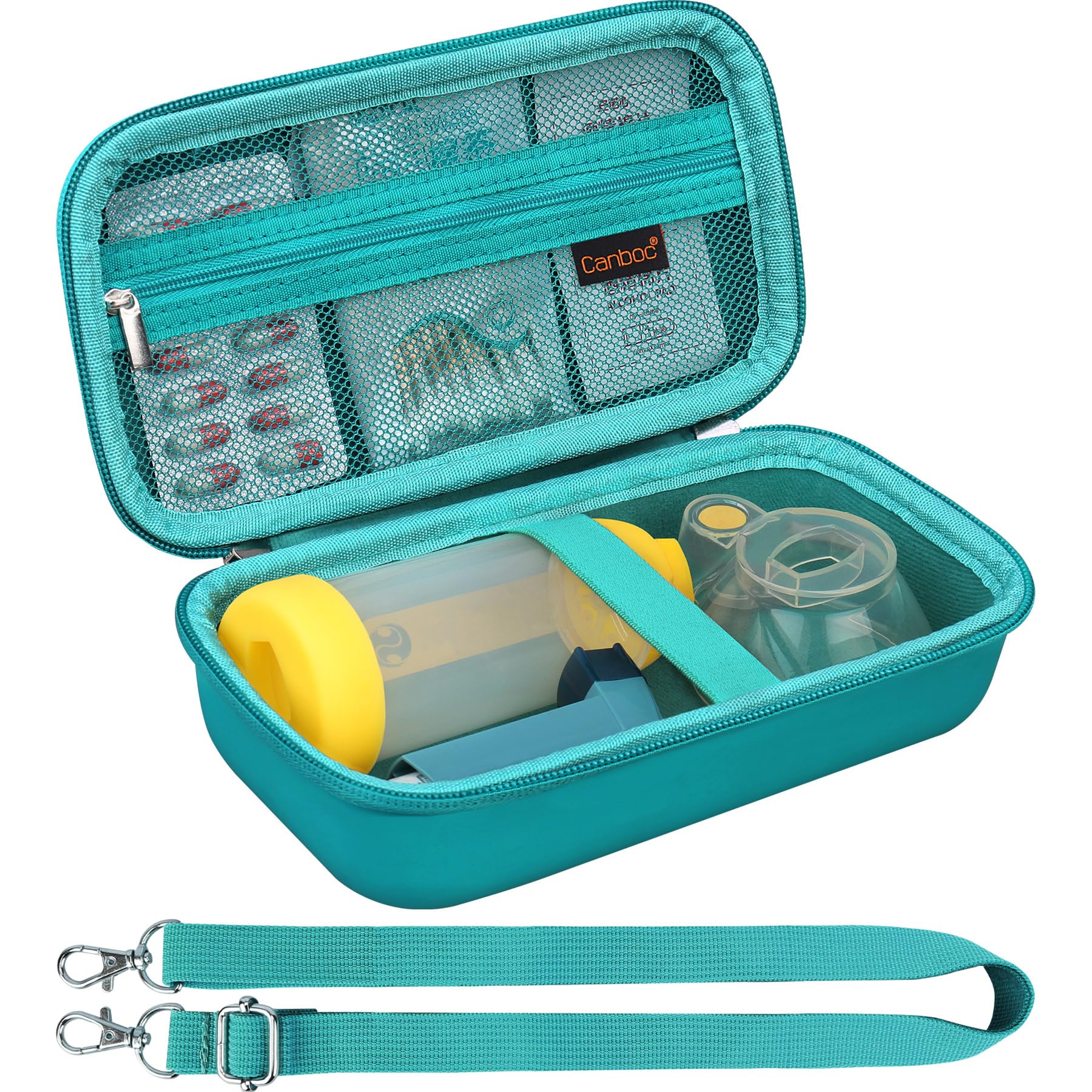 Canboc Carrying Case for Asthma Inhaler, Handheld Spacer for Adults, Mask, Inhaler Spacer Bag with Removable Shoulder Strap, Mesh Pocket fit Medicine or Essentials, Turquoise (Case Only)