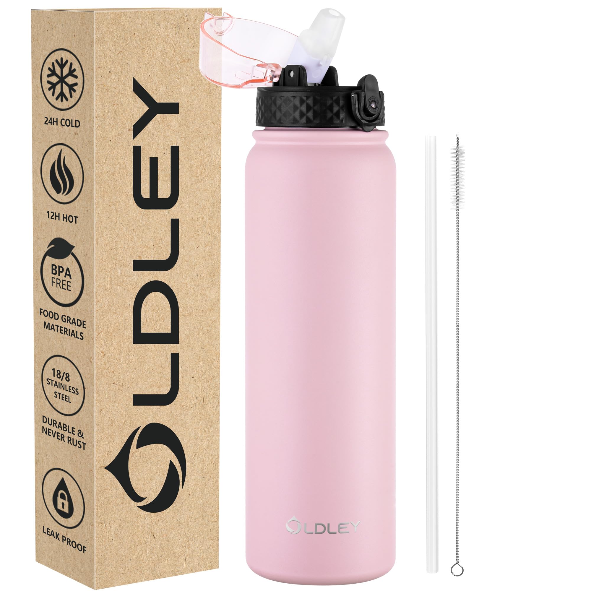 OLDLEY Stainless Steel Water Bottle with Straw 1L Vaccum Insulated Large Drink Flask Metal Water Bottles 1 litre Leakproof Keep Drinks Hot Cold for Bike Camping Sports Gym Adult Women Men(Pink, 1 Lid)