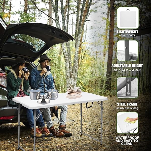 BYLIABLE FOLDING TABLE 4 FOOT PORTABLE HEAVY DUTY PLASTIC FOLD-IN-HALF UTILITY TABLE SMALL INDOOR OUTDOOR ADJUSTABLE HEIGHT FOLDING WITH CARRYING HANDLE, CAMPING AND PARTY,WHITE