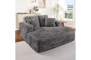 ANTETEK Oversized Chaise Lounge Indoor, Modern Plush Corduroy Fabric Deep Seat Boneless Memory Foam Sleeper Chaise Lounge Sofa Chair with Pillows for Living Room Bedroom Studio, No Assembly Couch, Grey