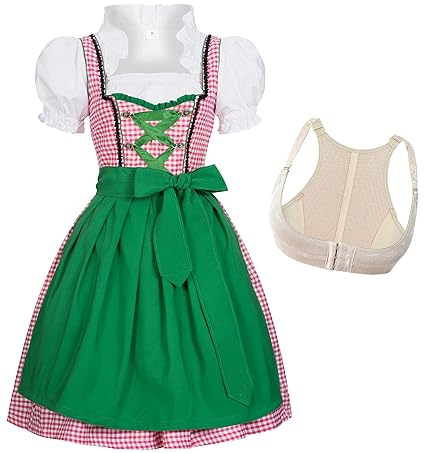 Gaudi-Leathers Dirndl Set 4tlg. Trachtenkleid Joy rosa weiß kariert, Dirndlbluse, Schürze grün + Push Up Büstenhebe BH, Marke