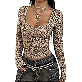 SweatyRocks Women's Leopard Print Long Sleeve T Shirts Y2k Deep V Neck Fitted Going Out Tees