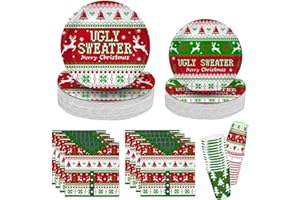 AVQOHE Ugly Sweater Party Supplies - 104 PCS Ugly Sweater Plates and Napkins, Ugly Christmas Party Decorations, Funny Christmas Party Favor Serve 26 - Includes Dinner Plates, Dessert Plates, Napkins and Cups