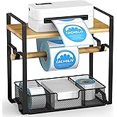 CACHOLIV Label Holder for Rolls and Fan-Fold - Bamboo Shipping Label Holder for Desktop Thermal Printer with Space-Saving Accessories - Suitable for Home, Office, Warehouse, Small Business