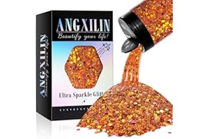 ANGXILIN Holographic Chunky Glitter, 190g/6.7oz Chunky and Fine Mixed Craft Glitter, Bulk Laser Sequin Glitter for Face Body Nail Art,Epoxy Resin Tumbler Jewelry Making Glitter (Laser Copper)